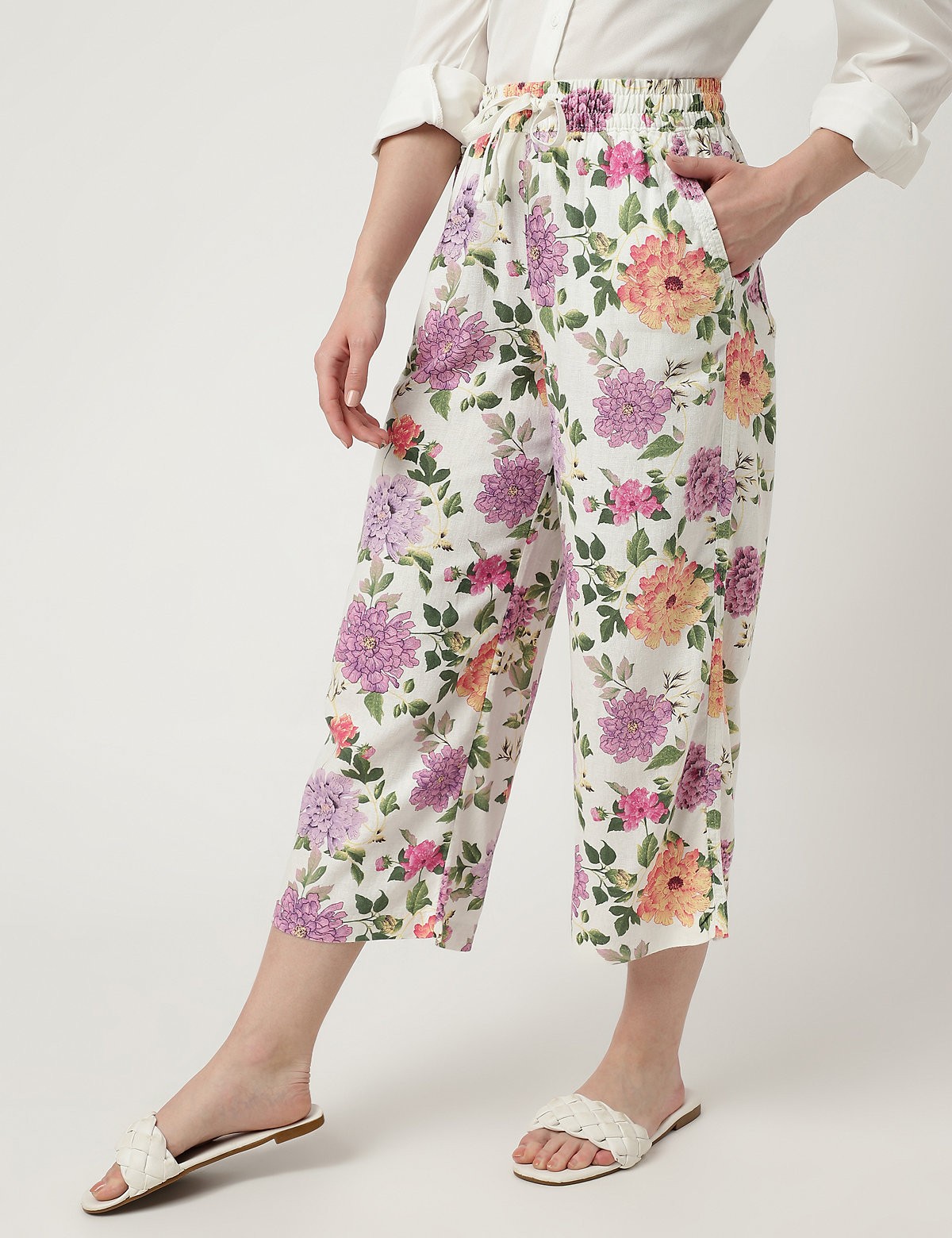 Linen Mix Floral Print Flared Fit Culottes