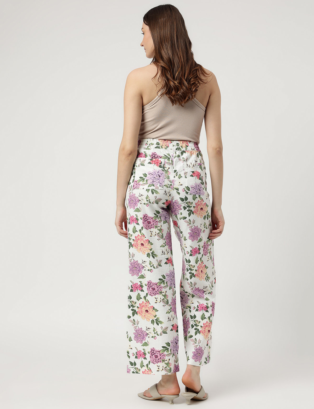 Linen-Blend Floral Elasticated Trousers