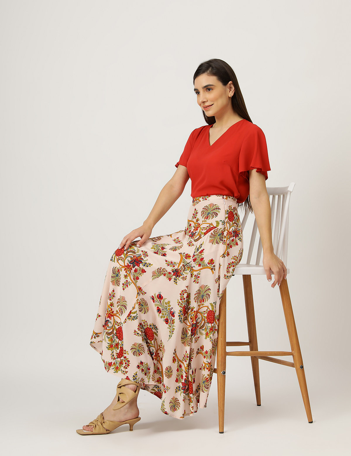 Pure Viscose Floral Print Flared Skirt