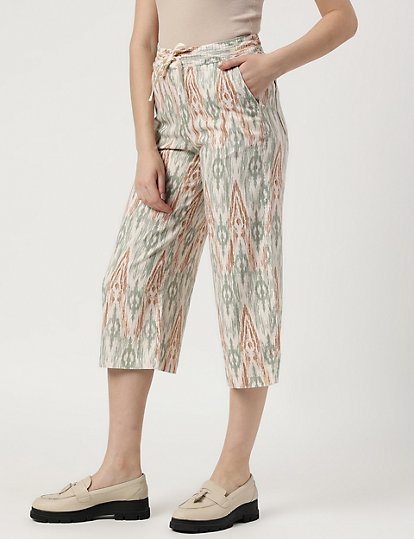 Linen-Blend Ikat Printed Cropped Trousers