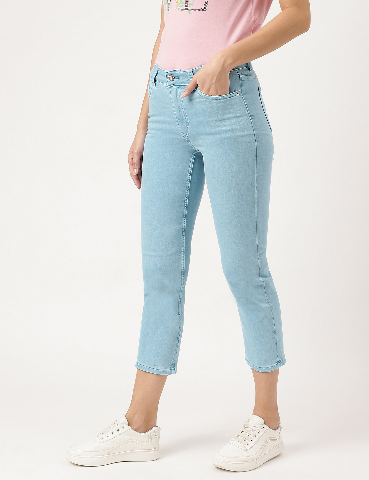 Cropped High Waist Button Front Jeans