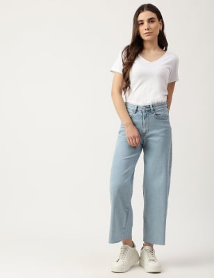 Cotton Mix Plain Wide Leg Jeans