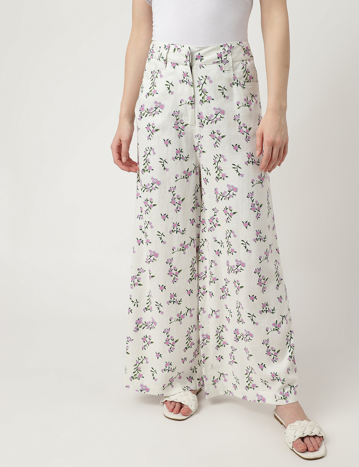 Linen Mix Printed Flared Fit Trousers