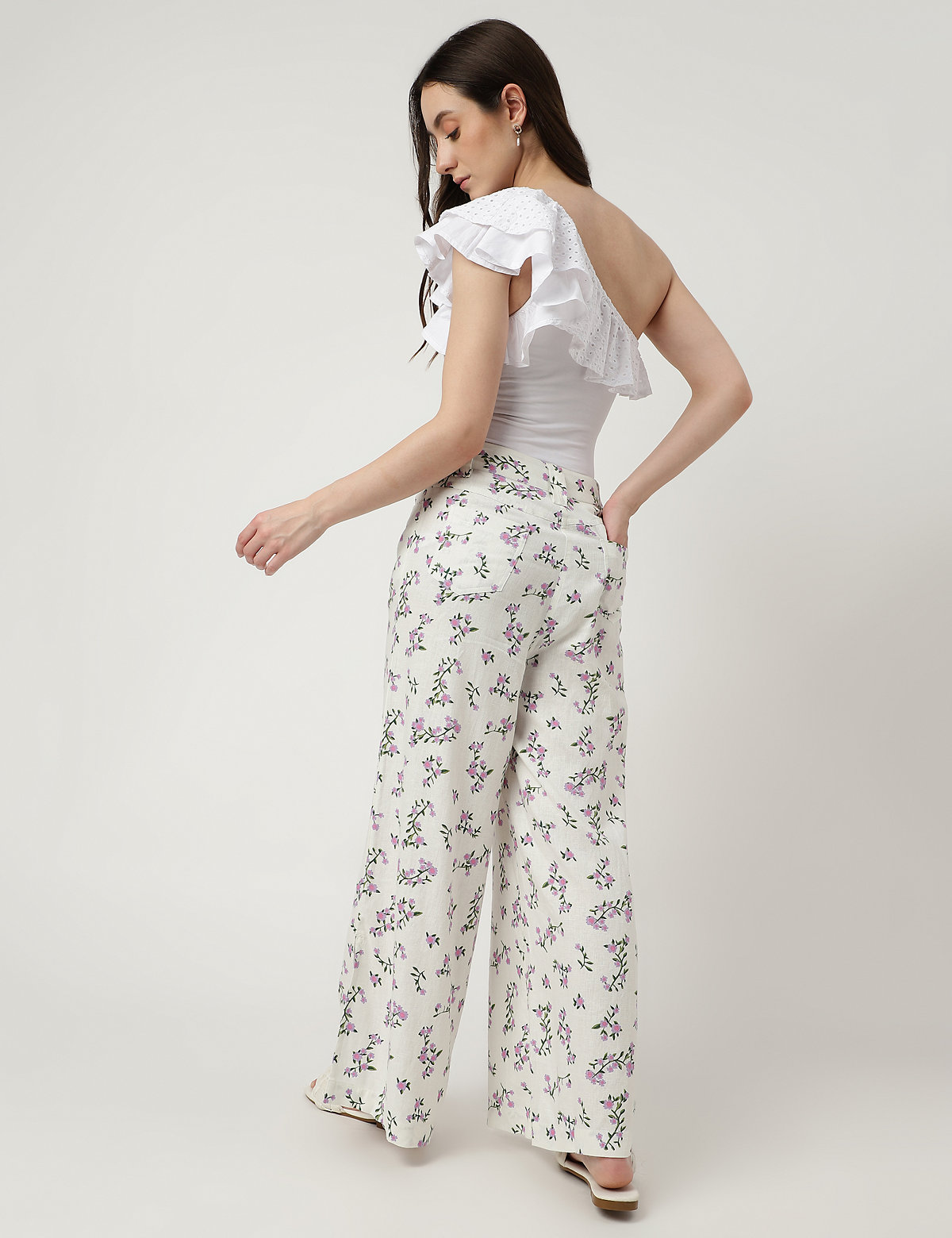Linen Mix Printed Flared Fit Trousers