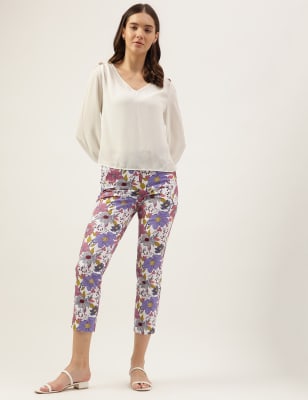 Cotton Blend Floral Slim Fit Trousers