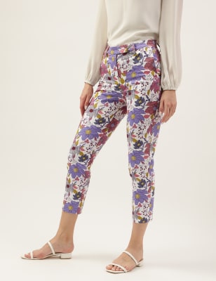 Cotton Blend Floral Slim Fit Trousers