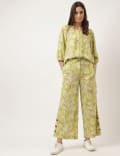 Linen Rich Printed Wide Leg Buttoned Pants