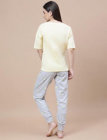 Pure Cotton Printed Crew Neck Pyjama Set