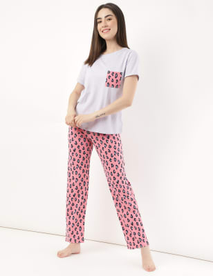 Pure Cotton Printed Crew Neck Pyjama Set