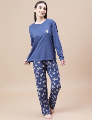 Pure Cotton Printed Crew Neck Pyjama Set