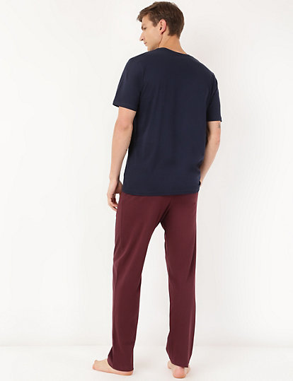 NEW M&S Burgundy Navy Pure Cotton 2 Pack Loungewear Set Long Pants XL 39-41" W