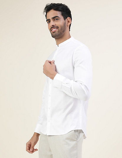 Premium Texture Grandad Collar Slim Fit Shirt With Cuff Detailing
