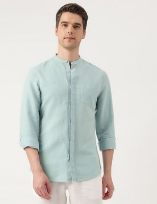 Linen Blend Solid Mandarin Neck Shirt