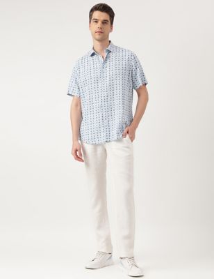 Linen Blend Printed Spread Collar Shirt