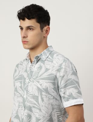 Linen Mix Printed Spread Collar Shirt