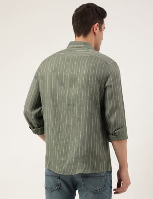 Relaxed Fit Pure Flax Stripes Spread Collar Shirt