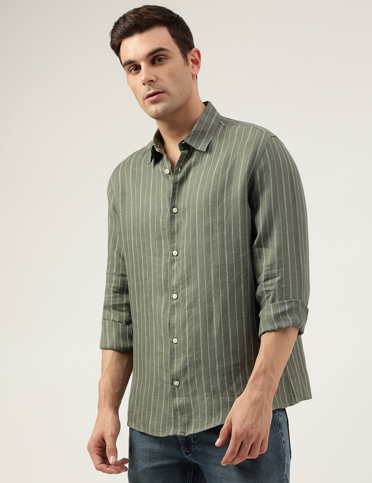 Relaxed Fit Pure Flax Stripes Spread Collar Shirt