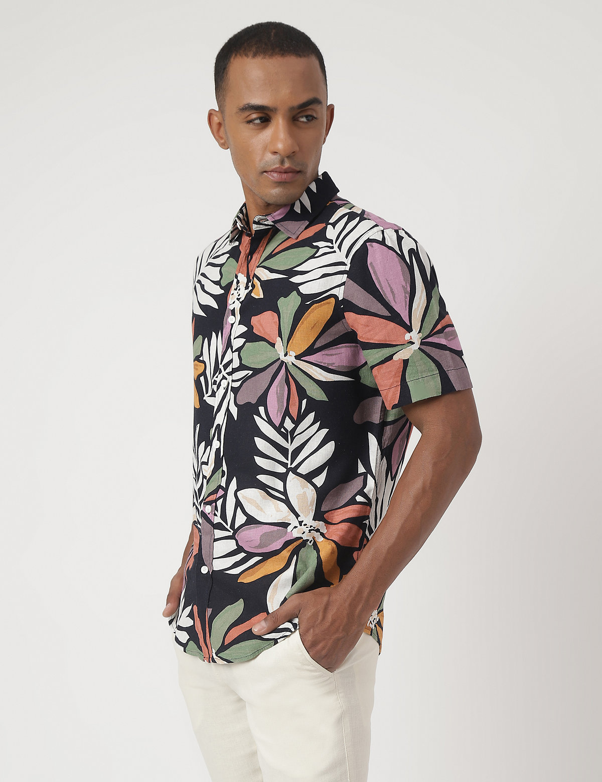 Linen-Blend Floral Printed Shirt