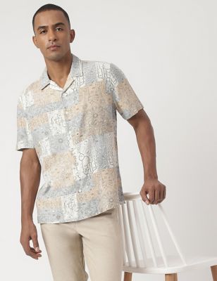Linen-Blend Bandana Cuban Collar Shirt