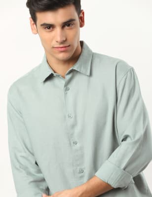 Linen Mix Plain Spread Collar Shirt