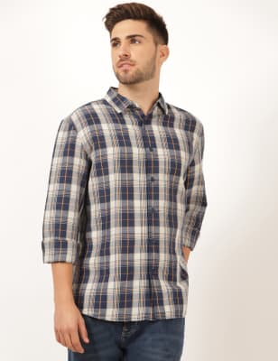 Linen Mix Checked Spread Collar Shirt