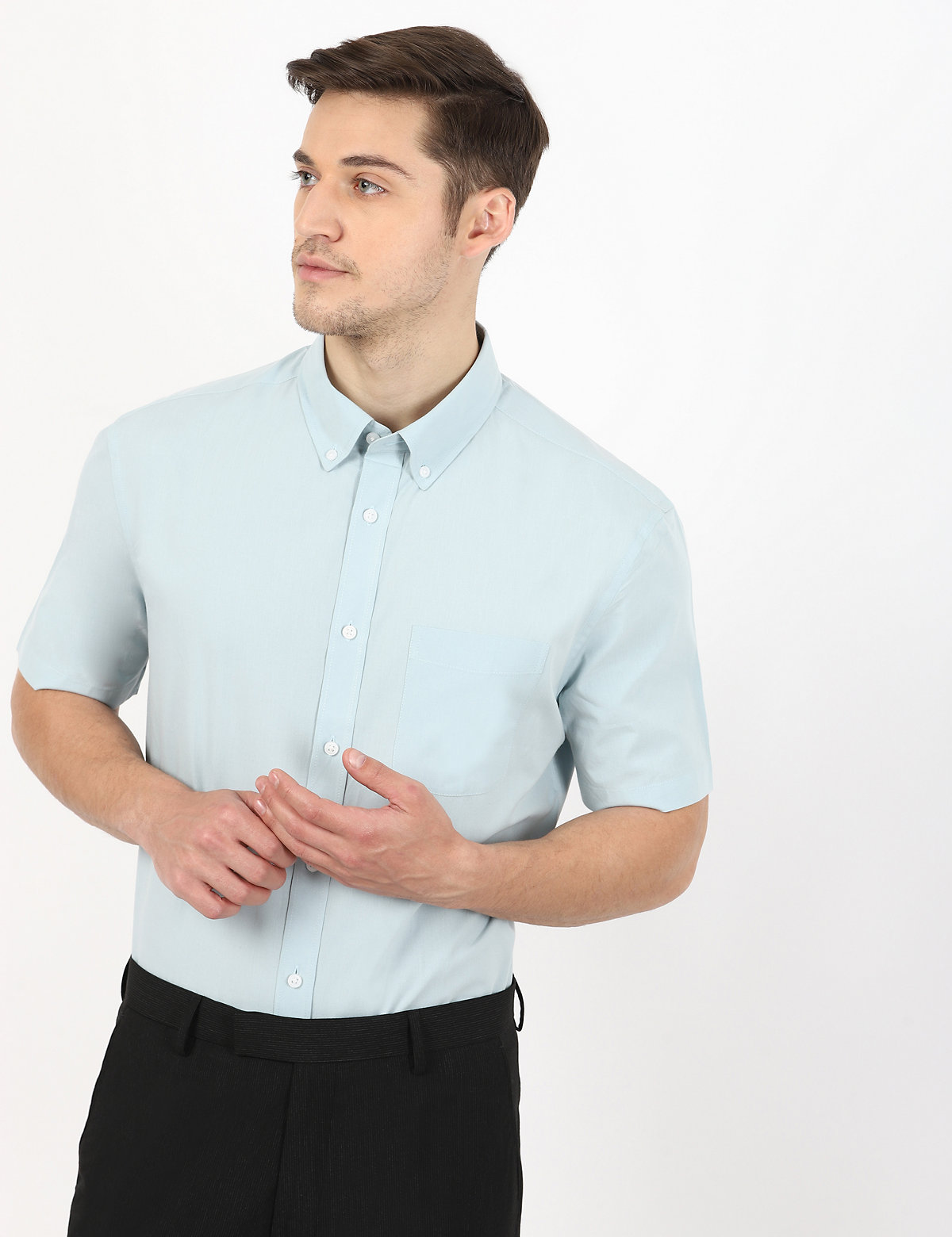 Pure Cotton Plain Button-Down Collar Shirt
