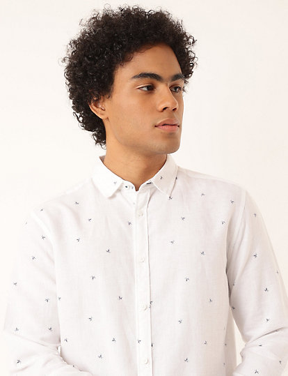 Linen Mix Printed Spread Collar Shirt