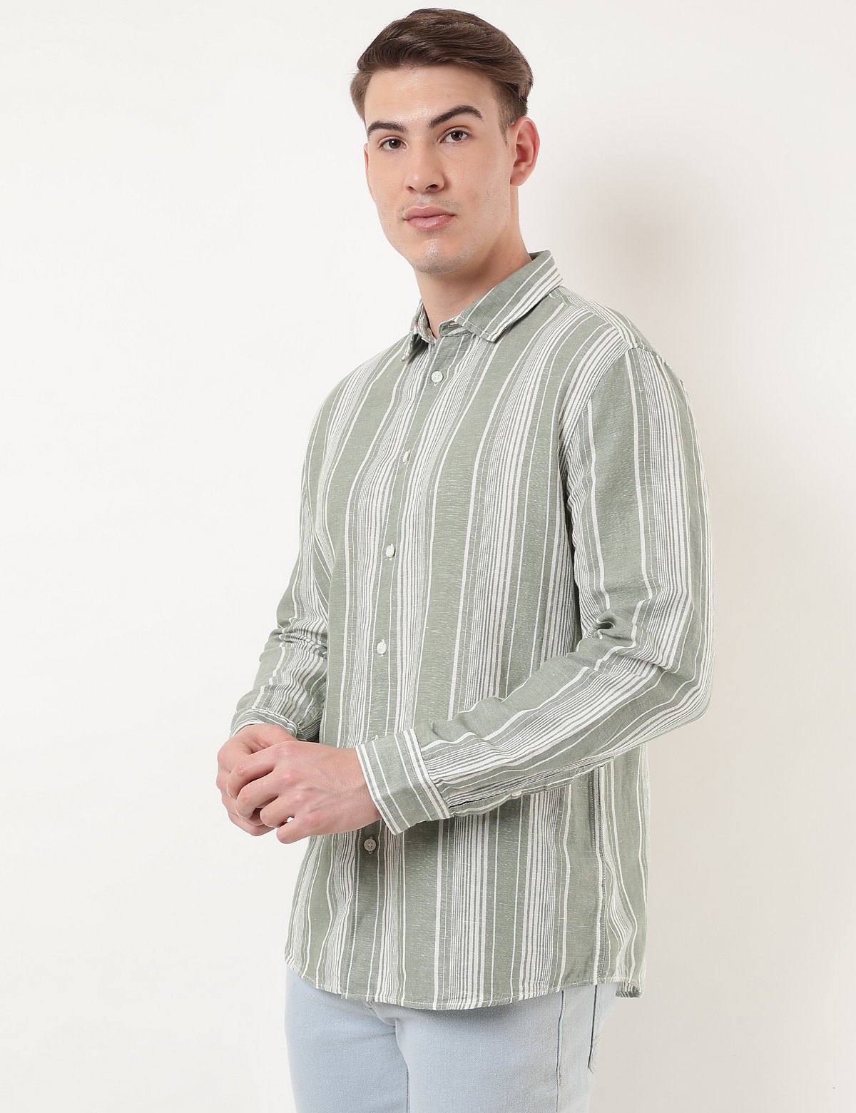 Linen Mix Striped Spread Collar Shirt