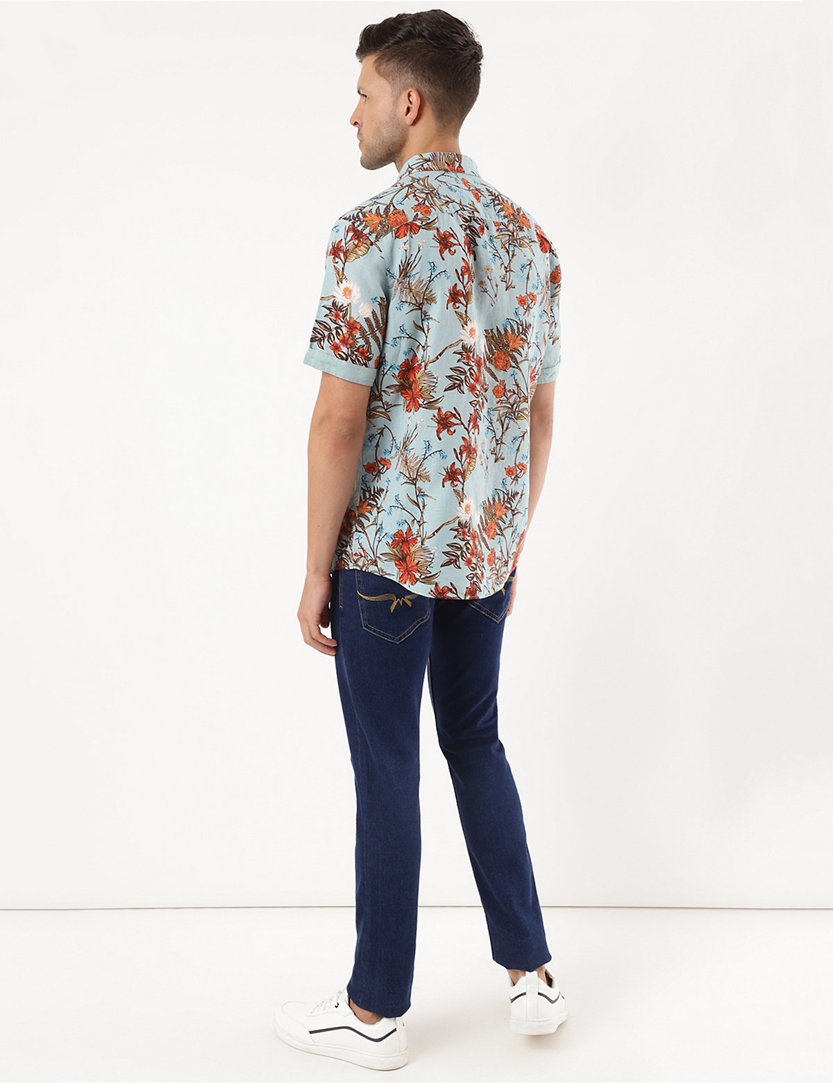 Linen Mix Floral Print Spread Collar Shirt