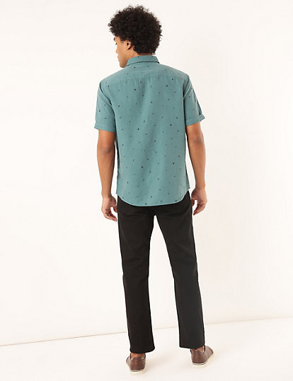 Linen Mix Printed Spread Collar Shirt