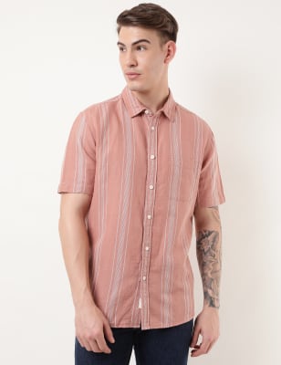 Linen Mix Striped Spread Collar Shirt
