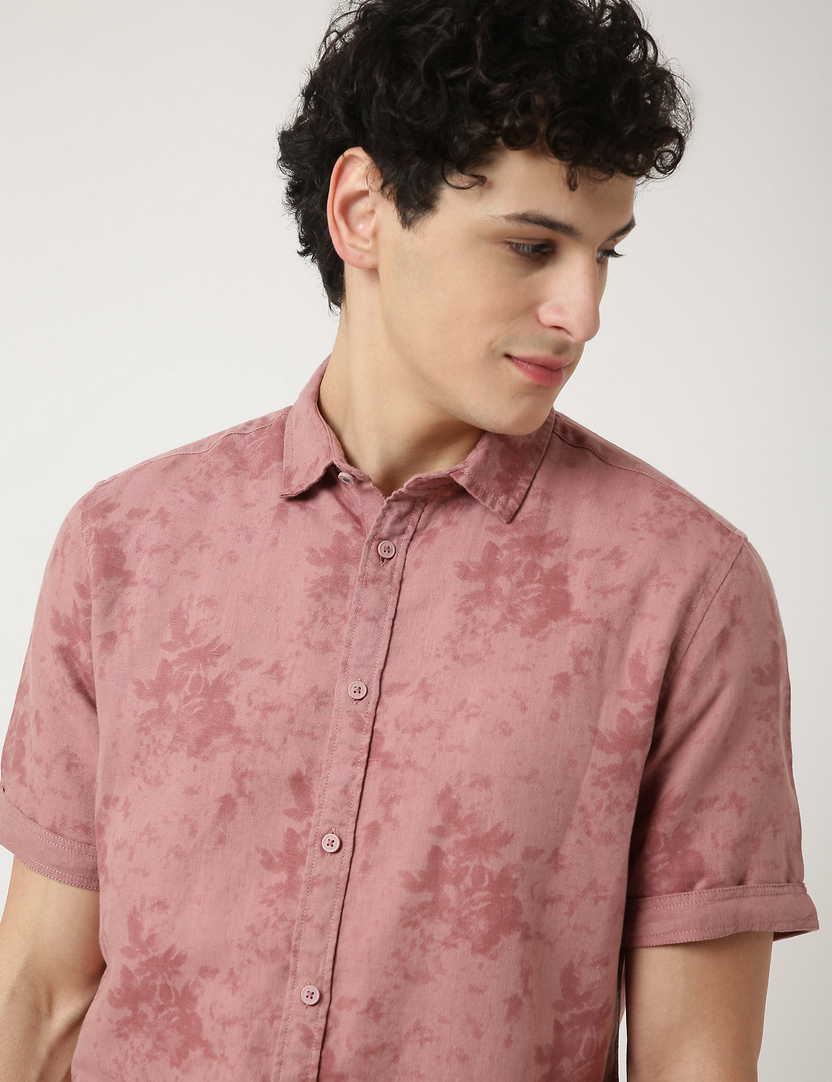 Flax Mix Floral Print Spread Collar Shirt