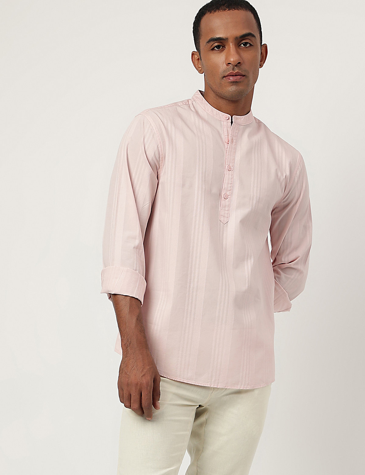 Pure Cotton Striped Mandarin Collar Shirt