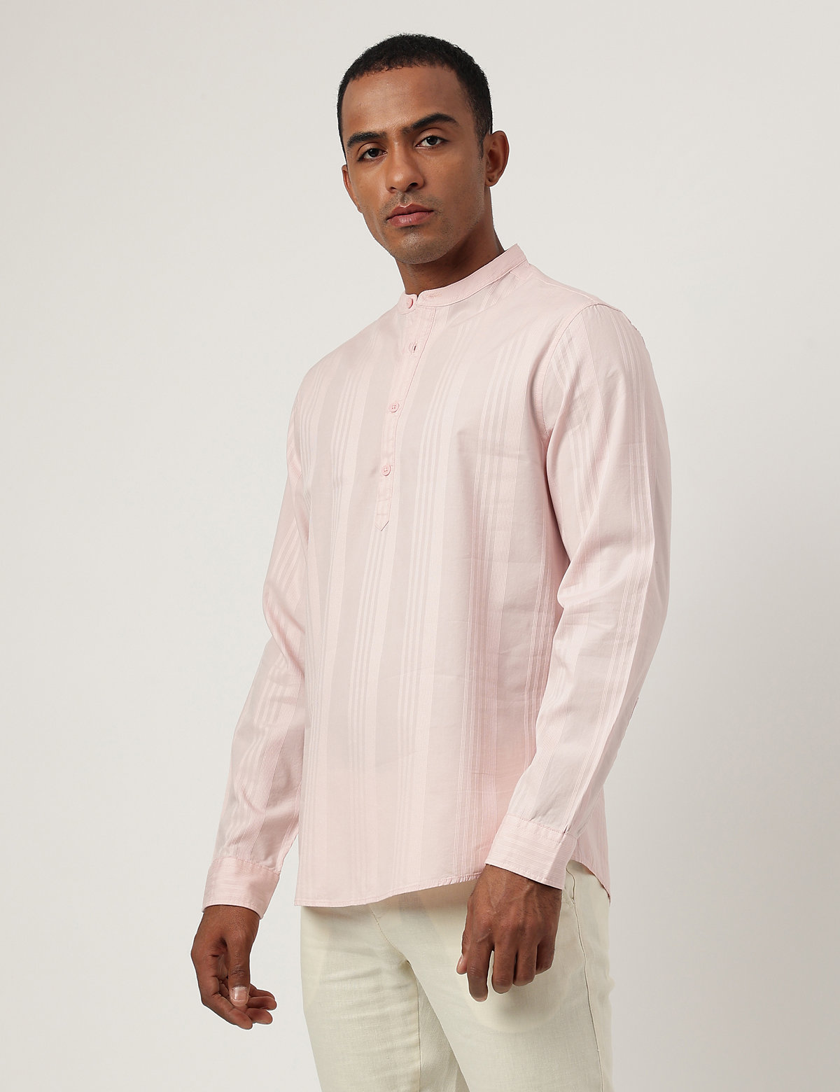 Pure Cotton Striped Mandarin Collar Shirt