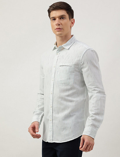 Cotton Blend Striped Spread Collar Shirt