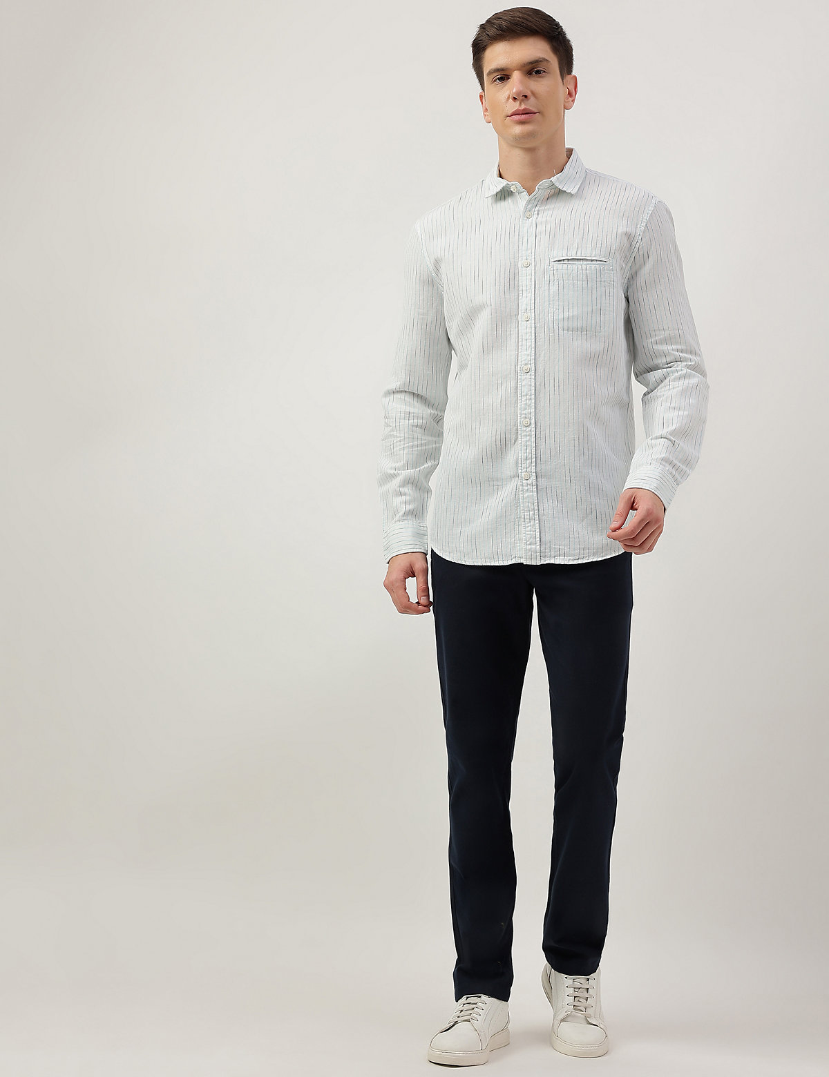 Cotton Blend Striped Spread Collar Shirt