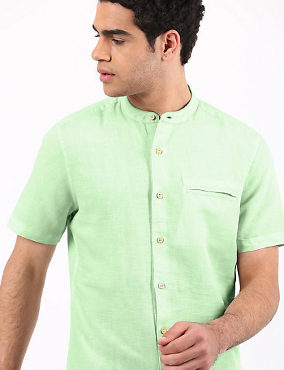 Linen Mix Grandad Collar Solid Shirt