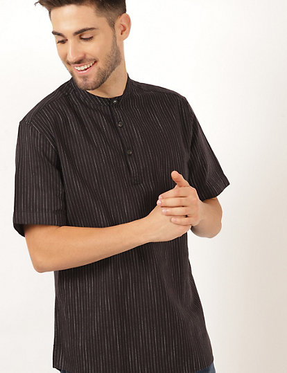 Linen Mix Striped Mandarin Collar Shirt
