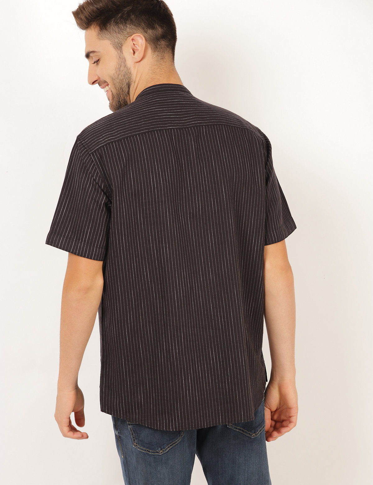 Flax Linen Mix Striped Mandarin Collar Shirt