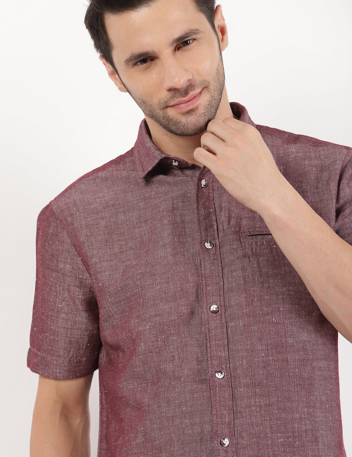 Linen Mix Plain Spread Collar Shirt