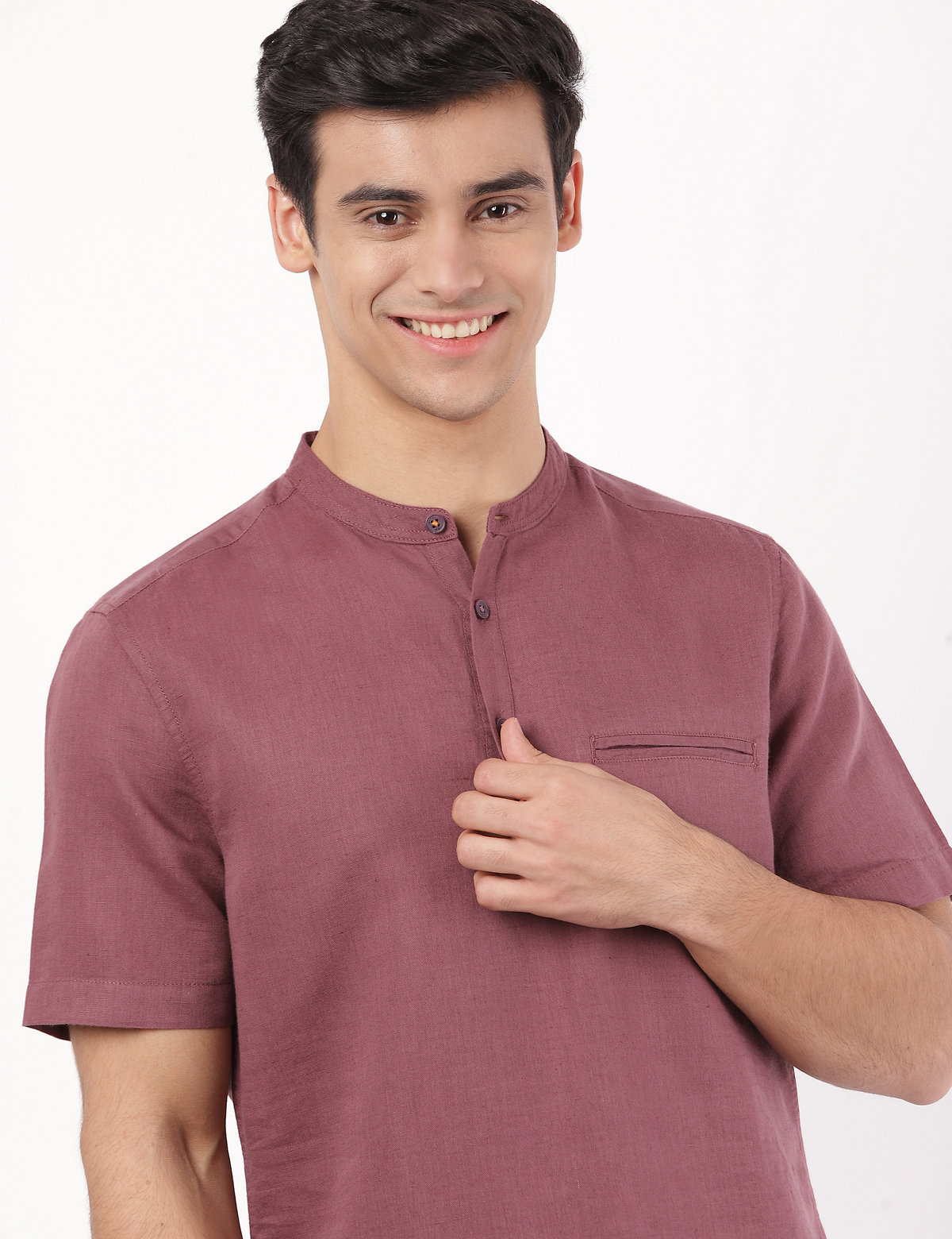 Linen Mix Plain Mandarin Collar Shirt