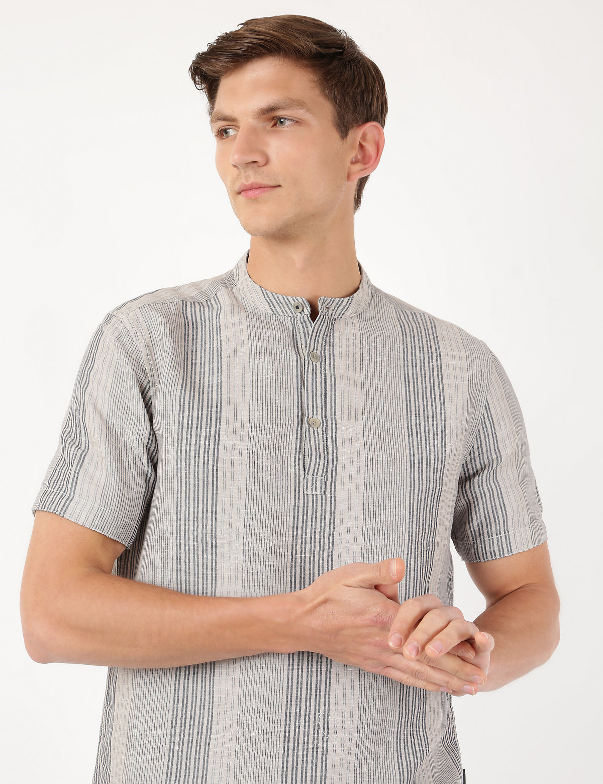 Linen Mix Stripes Mandarin Collar Shirt