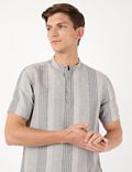 Linen Mix Stripes Mandarin Collar Shirt