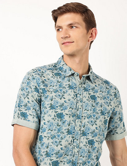 Linen Mix Floral Print Regular Collar Shirt