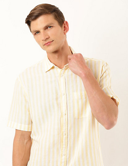 Linen Mix Striped Spread Collar Shirt
