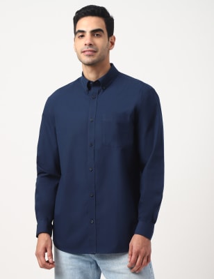 Pure Cotton Plain Button Down Collar Shirt