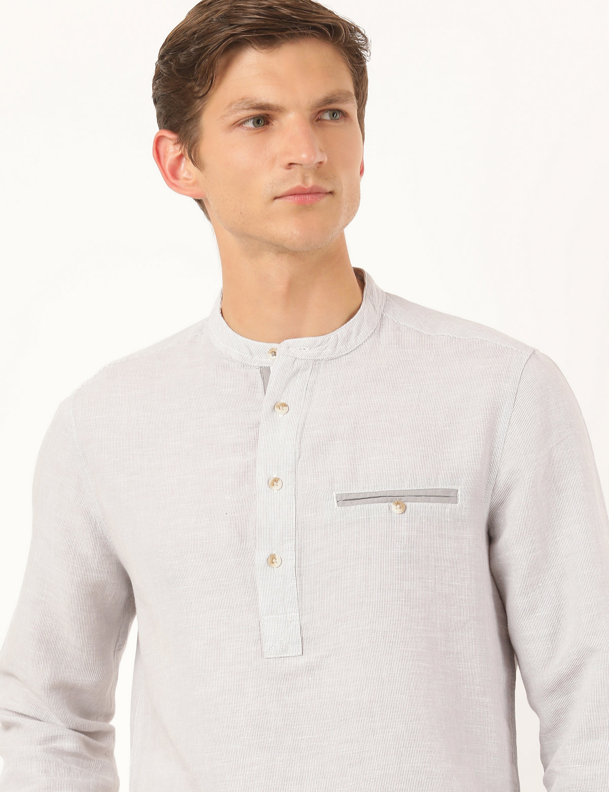 Linen Mix Self Design Mandarin Collar Shirt