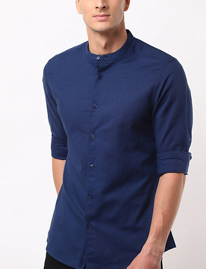 Linen Mix Grandad Collar Solid Shirt