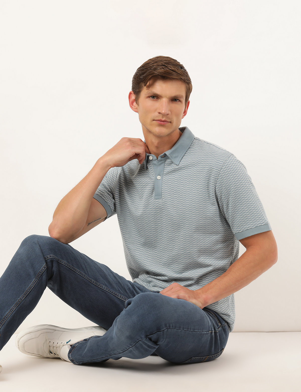 Pure Cotton Self Design Collar Neck T-Shirt