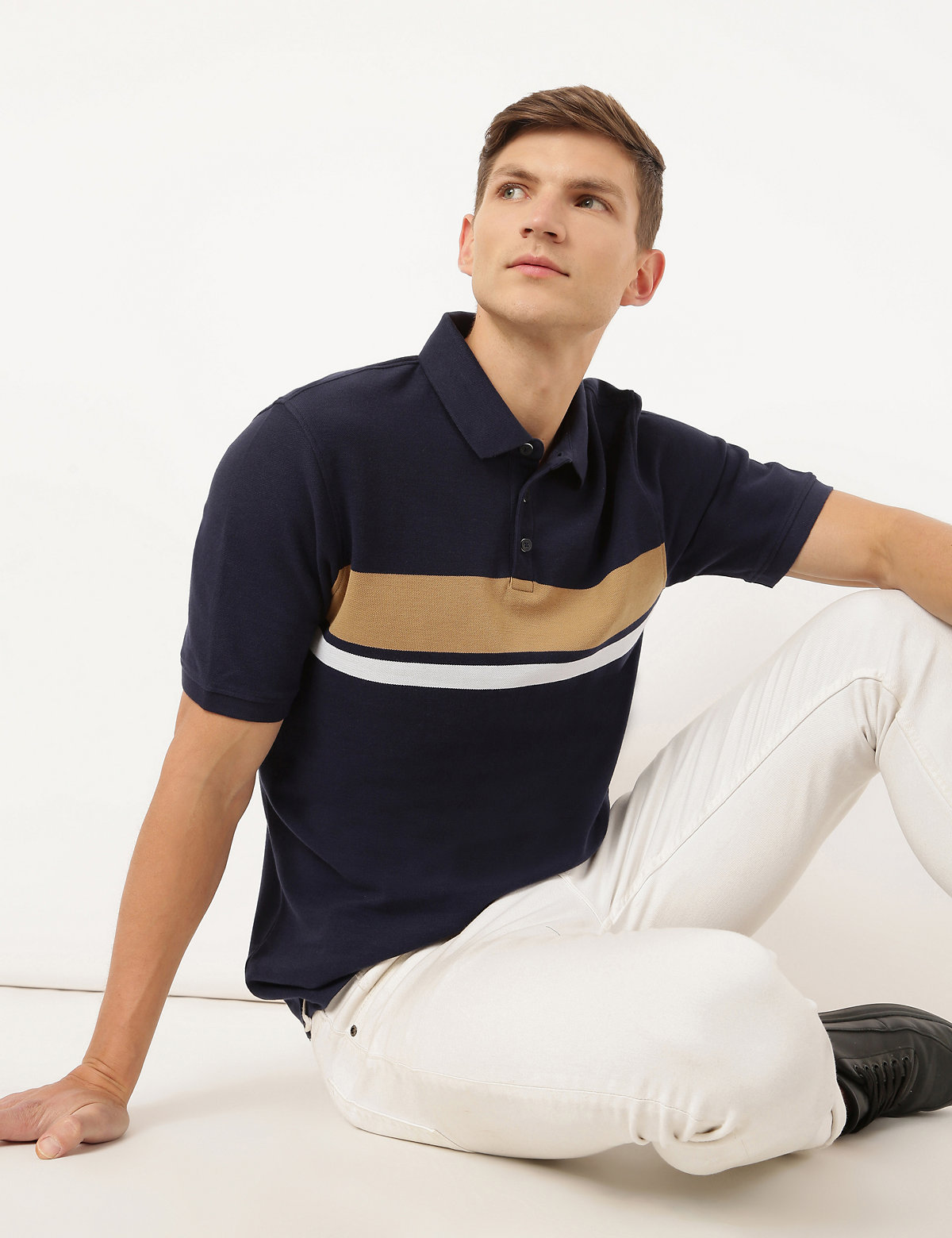 Pure Cotton Colorblock Polo Neck T-Shirt